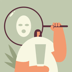 Woman taking care of her face and using face mask. Charming woman doing skin care procedures. Skin care routine, hygiene and moisturizing concept. Flat cartoon vector illustration.