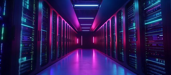 Data processing in a high-tech network server room with advanced computing units.
