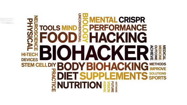 Biohacker animated word cloud;text design animation tag kinetic typography seamless loop.