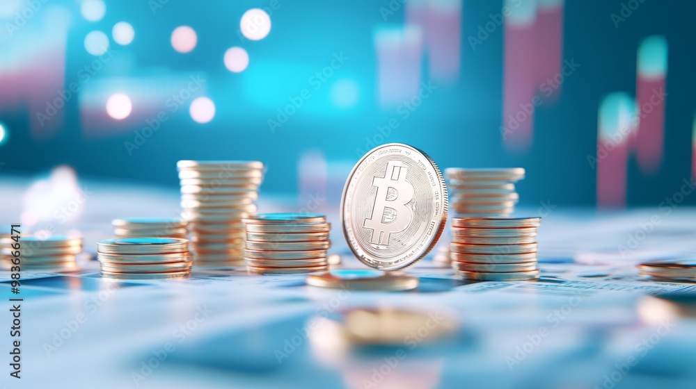 Poster bitcoin cryptocurrency coin stacked on financial charts with bokeh background