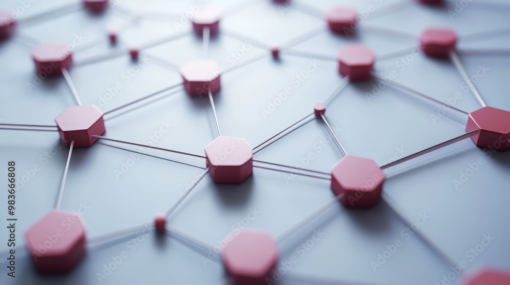 Poster abstract network structure pink hexagon nodes connected white lines on gray background