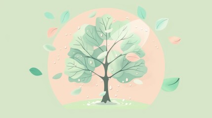 Pastel Green Tree with Rain Drops and Leaves Illustration