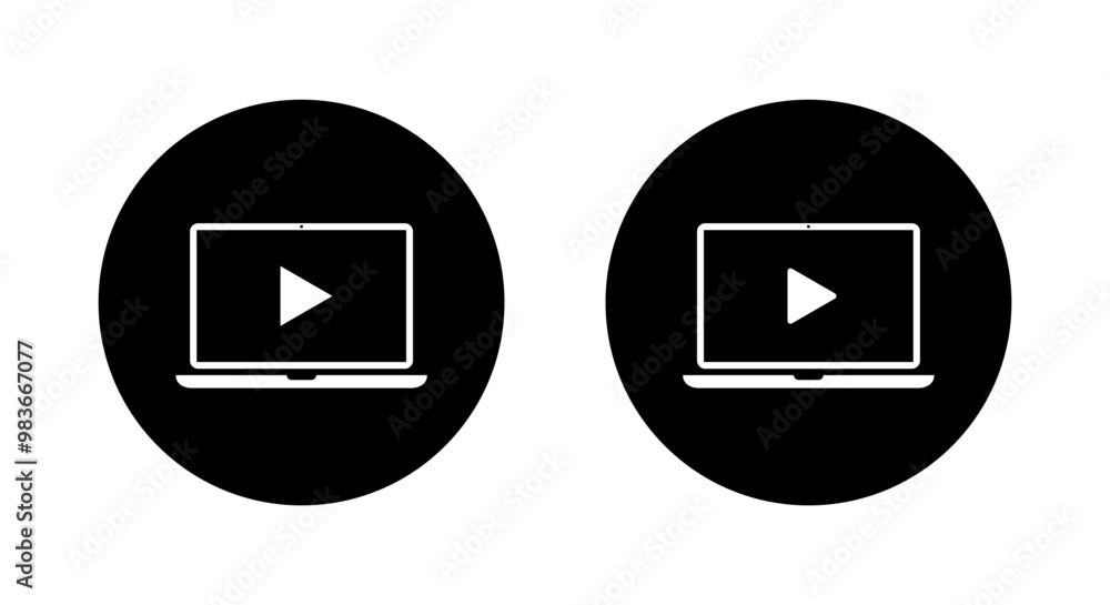 Poster play button on laptop computer screen icon on black circle. video player on notebook concept