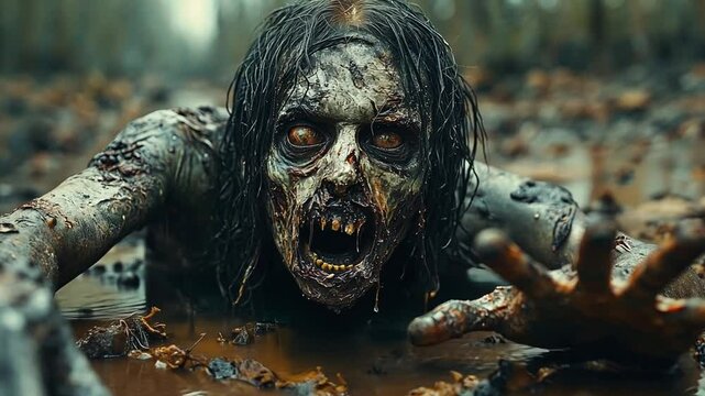 This lifeless zombie struggles to emerge from thick mud in an eerie twilight forest.