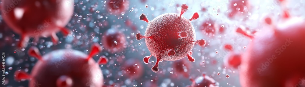 Poster microscopic view of red virus with spikes 3d render