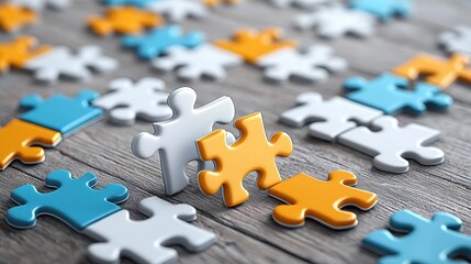 Fototapeta premium Strategic Collaboration Concept with Minimalist Puzzle Pieces Connecting Together Symbolizing Planning and Coordination on Empty Background for Text Space