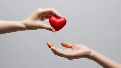 Fototapeta premium top view of hands holding red heart isolated on background