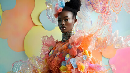 A model wearing an avant-garde outfit made from unusual materials like plastic and metal, standing confidently against a pastel-colored background with abstract patterns