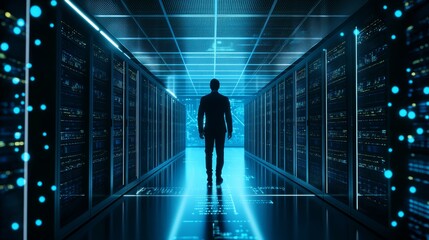 Data Center Server Room Businessman Walking Towards Digital Future