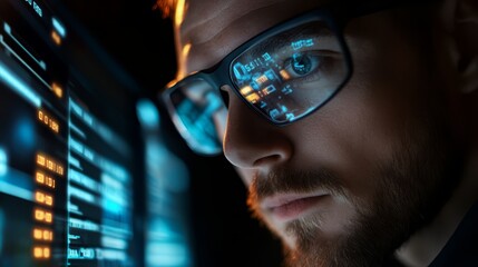 Hacker Man Working on a Computer  Close up of Focused Eyes with Digital Code Reflection in Glasses