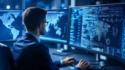 Hacker Typing Code on Computer Cybersecurity Digital Security Data Analysis Global Network