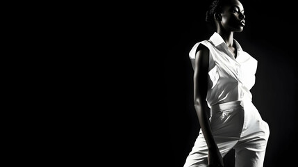 A minimalist fashion concept featuring geometric shapes and clean lines, with a model dressed in an all-white outfit and posed against a sleek black background