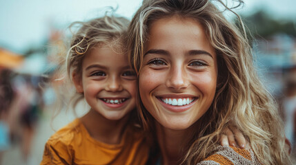 Fototapeta premium Two smiling girls, one with long blonde hair and one with short blonde hair, looking at the camera.