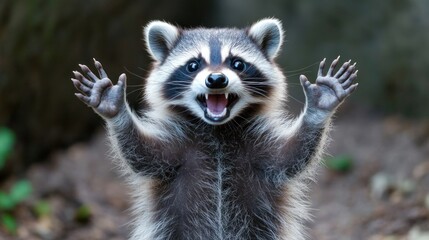 Fototapeta premium Playful Raccoon with Open Mouth and Raised Paws