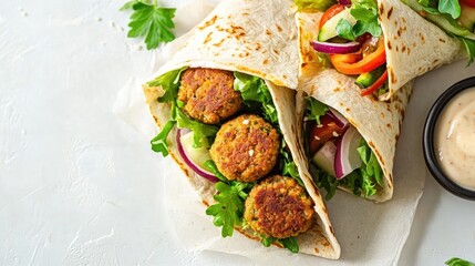 A delicious falafel wrap with fresh veggies and tahini, beautifully displayed on a simple white table.