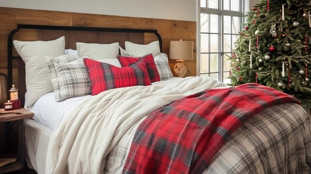 Cozy bedroom with a king size bed covered with warm blankets showing a christmas theme with a decorated tree and string lights