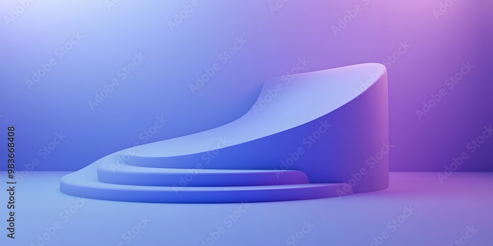 Poster 3d render, abstract background with a purple curved shape on a blue gradient background.