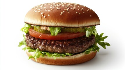 A juicy, grilled halal beef burger with fresh lettuce and tomatoes, placed on a simple white surface.