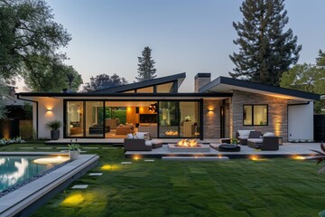 Modern two-story family house with white walls, large windows, and garden lighting at dusk in Poland.