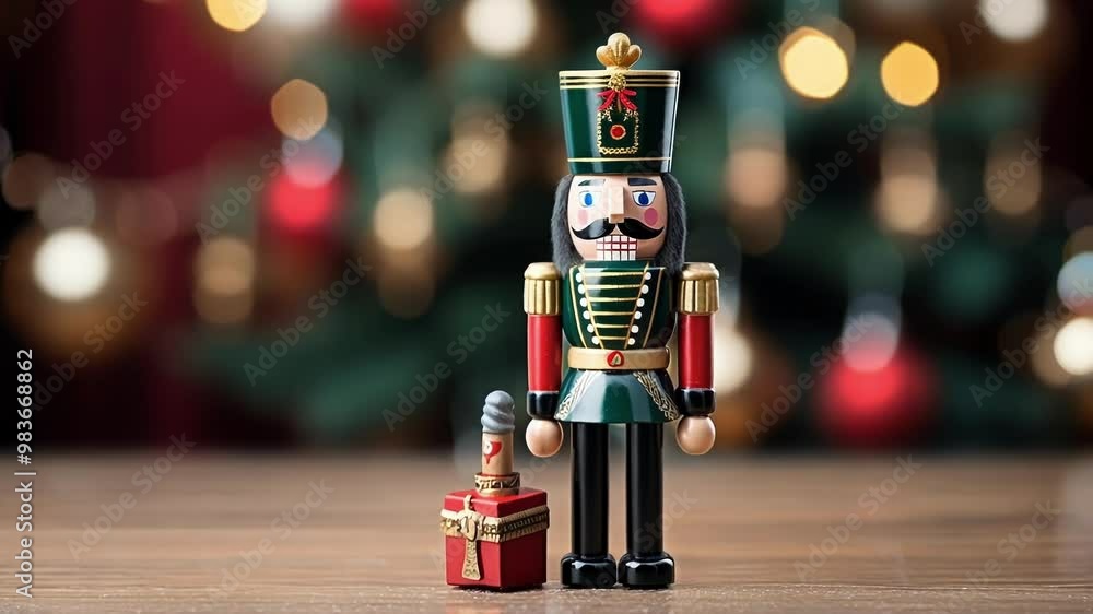 Poster traditional wooden nutcracker with a saber and red box standing on a wooden table with a decorated a