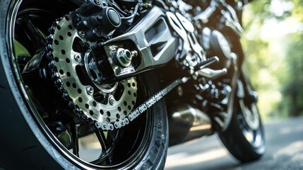 Closeup of a Motorcycle Rear Wheel and Chain