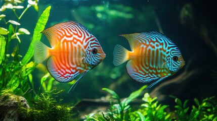 Two Colorful Discus Fish Swimming in a Planted Aquarium