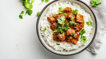 A tender lamb curry served with basmati rice, garnished with fresh coriander, on a minimalistic white background.