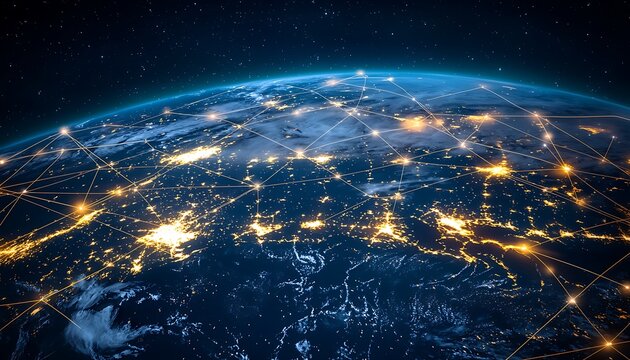 Urban landscapes globally interconnected by a symbolic digital network.