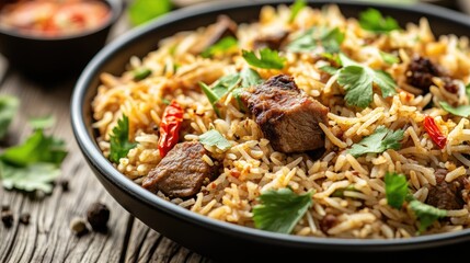 Close-up of a beautifully prepared lamb biryani with fresh herbs and spices, on a plain wooden table.
