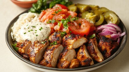 Fototapeta premium Close-up of a juicy chicken shawarma platter with garlic sauce and pickles, placed on a plain beige surface.