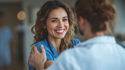 Fototapeta premium A female doctor smiles warmly at her colleague.