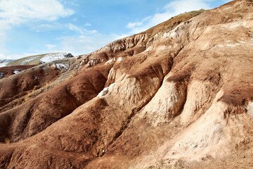 A rugged, earthy landscape with rolling hills and blue sky, showcasing natural formations.