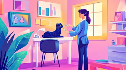 Fototapeta premium A Veterinarian Giving a Black Cat an Injection in a Brightly Colored Room