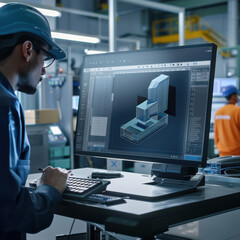 A focused engineer works on computer, designing 3D model of building in modern industrial workspace. atmosphere is productive and innovative