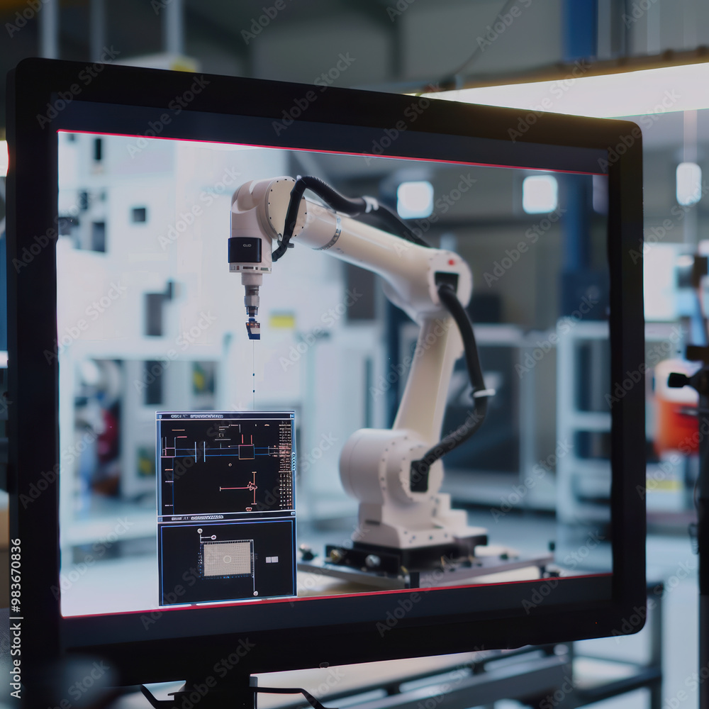 Poster a robotic arm is displayed on monitor, showcasing advanced technology in modern industrial setting. 
