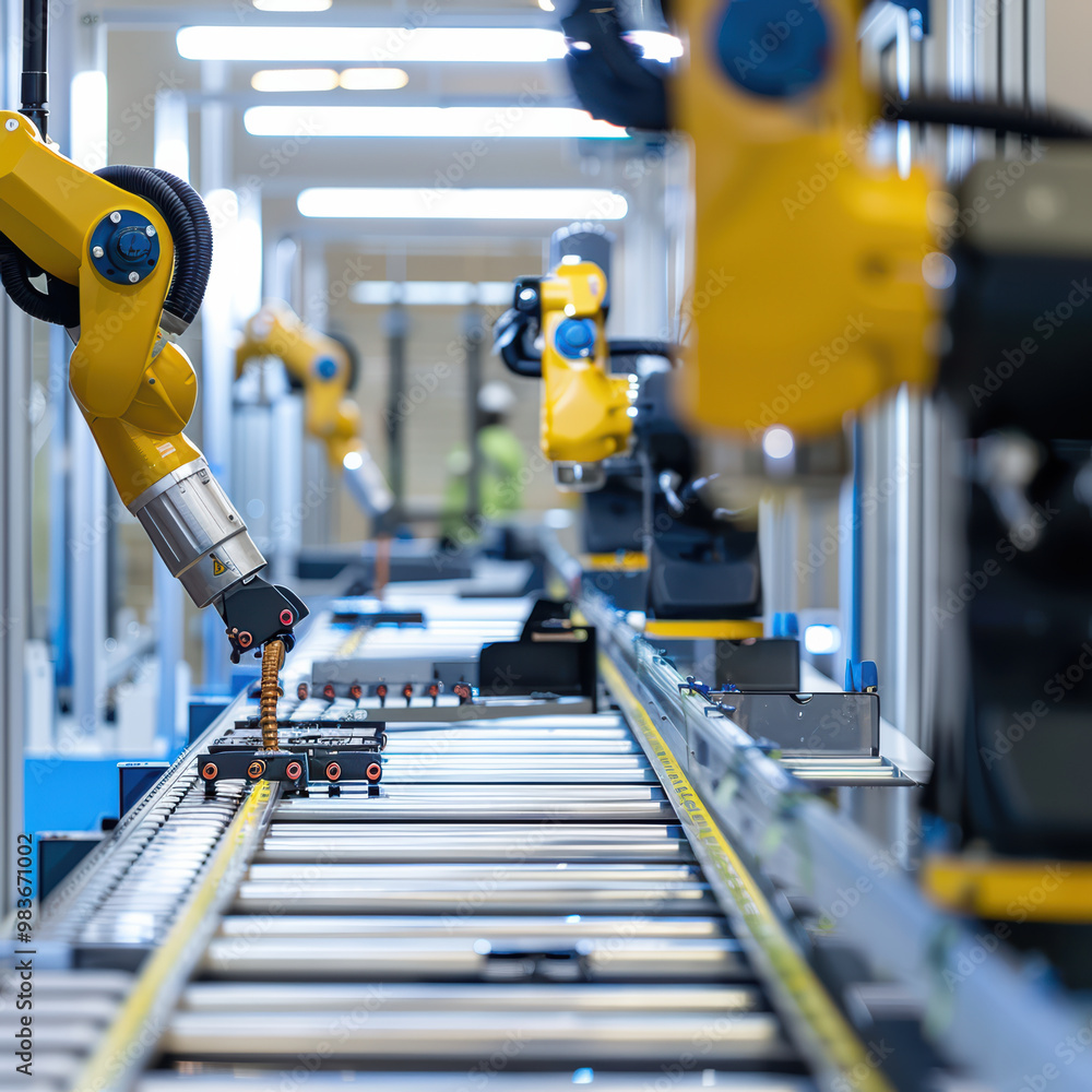Poster automated robotic arms working on production line in modern factory, showcasing advanced technology 