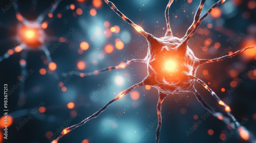 Poster neuron cell synapse neural network 3d illustration microscopic