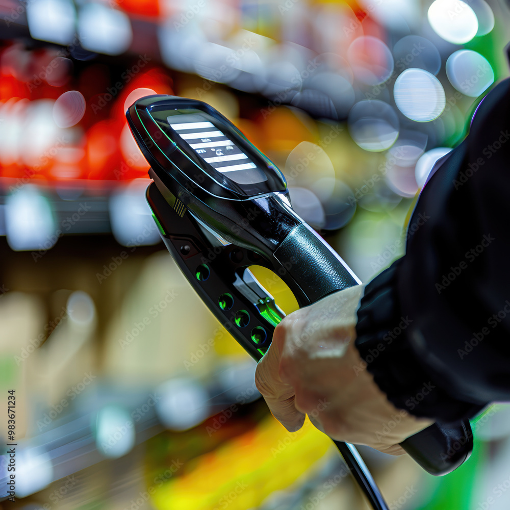 Poster a person is using handheld scanner in grocery store, surrounded by colorful products on shelves. dev
