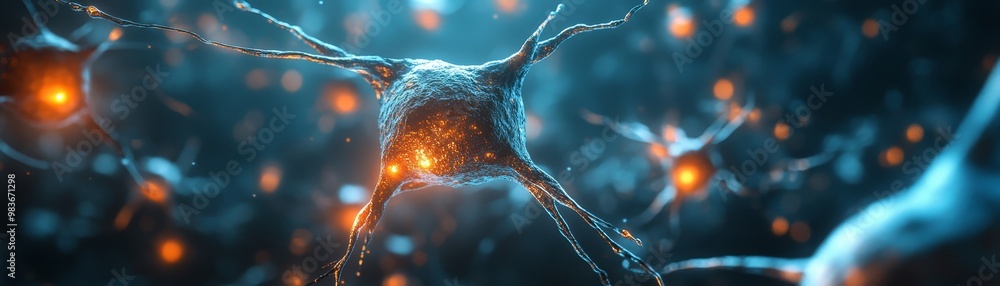 Poster 3d render of neuron cell with glowing axon and dendrites