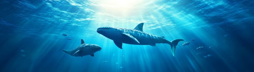 Obraz premium Blue Whale and Dolphin Swimming Underwater with Sunlight Rays