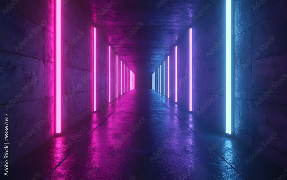 Poster 3d render, abstract futuristic background with neon glowing lines in a tunnel shape on purple and te