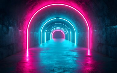 3D render, abstract futuristic background with neon glowing lines in a tunnel shape on purple and teal colors.