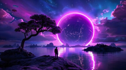 Silhouette of a Man Contemplating a Purple Planet Under a Starry Sky