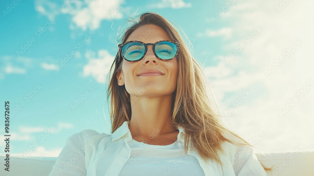 Sticker Woman with long blonde hair wearing sunglasses and a white shirt, smiles at the camera.