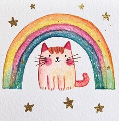 A happy kitten with big eyes raises its paws joyfully under a colorful rainbow. The playful scene exudes a sense of fun and wonder.