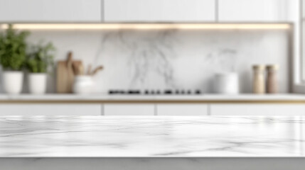 Empty white tabletop counter desk background. Modern Kitchen with Marble Countertop and Elegant Design Elements. A contemporary kitchen featuring a sleek marble countertop.