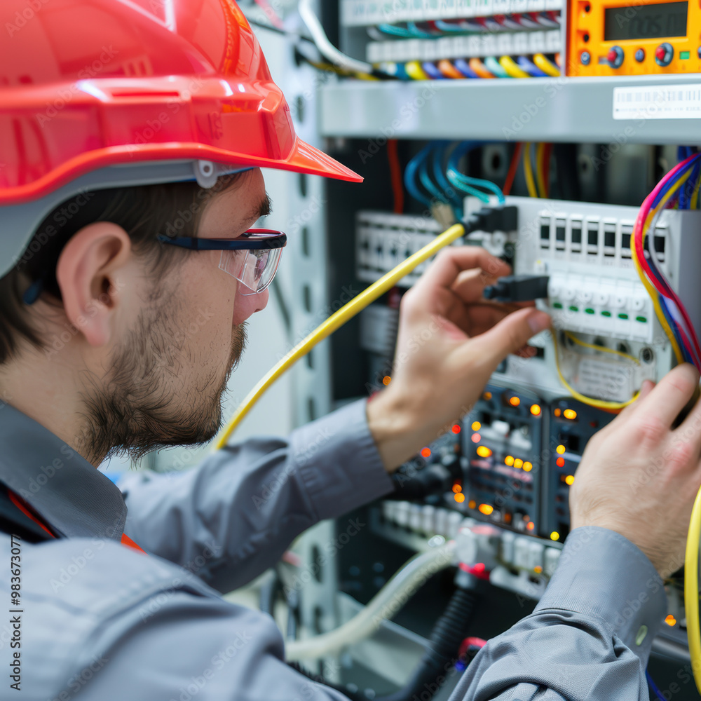 Poster a technician in red hard hat is working on electrical equipment, carefully connecting wires and ensu