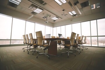 Interior of a conference room with yellow chairs.