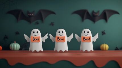 Cute Ghosts with Boo Signs on Green Background