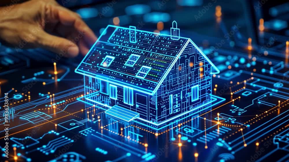 Fototapete A hand reaches for a glowing holographic house, surrounded by digital circuits and data points, illustrating advancements in smart home technology and design.